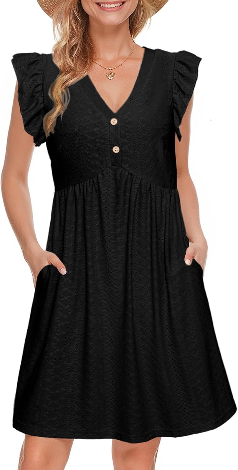 Simplee Womens Summer Short Sundress Casual Ruffle Sleeve Mini Dress 2025 Boho Beach Wedding Guest Eyelet Dresses with Pocket