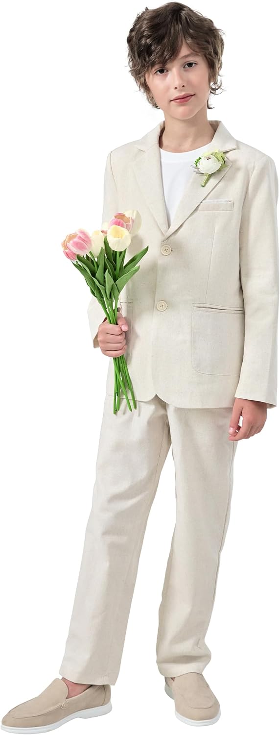 LOLANTA Boys Linen Suit Slim Fit Kids Lightweight Suit Jacket Pant Set for Family Gatherings, Holiday Celebrations, School