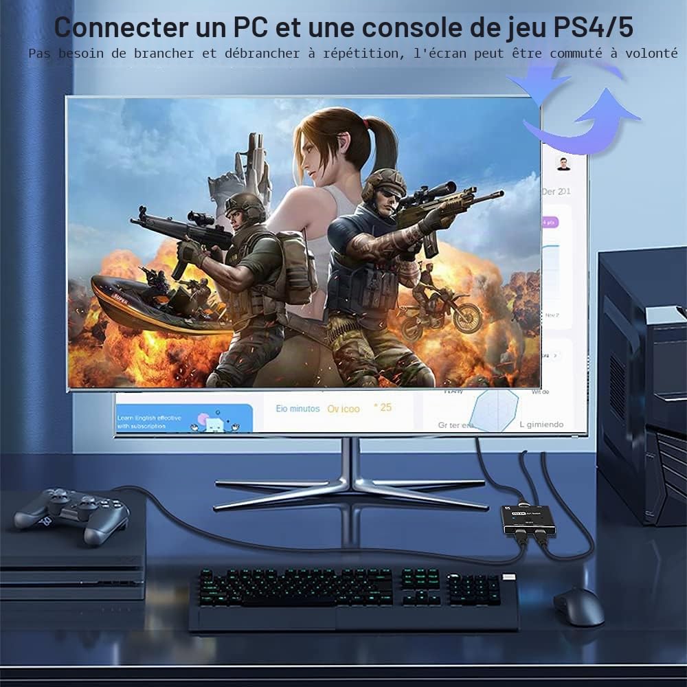 Directionnel HDMI 2.1 Switcher Commutateur Ultra HD 8K Haute Vitesse 48Gbps 2in 1out 8K@60Hz 4K@120Hz Convertisseur Séparateur Compatible avec Les Moniteurs PS5