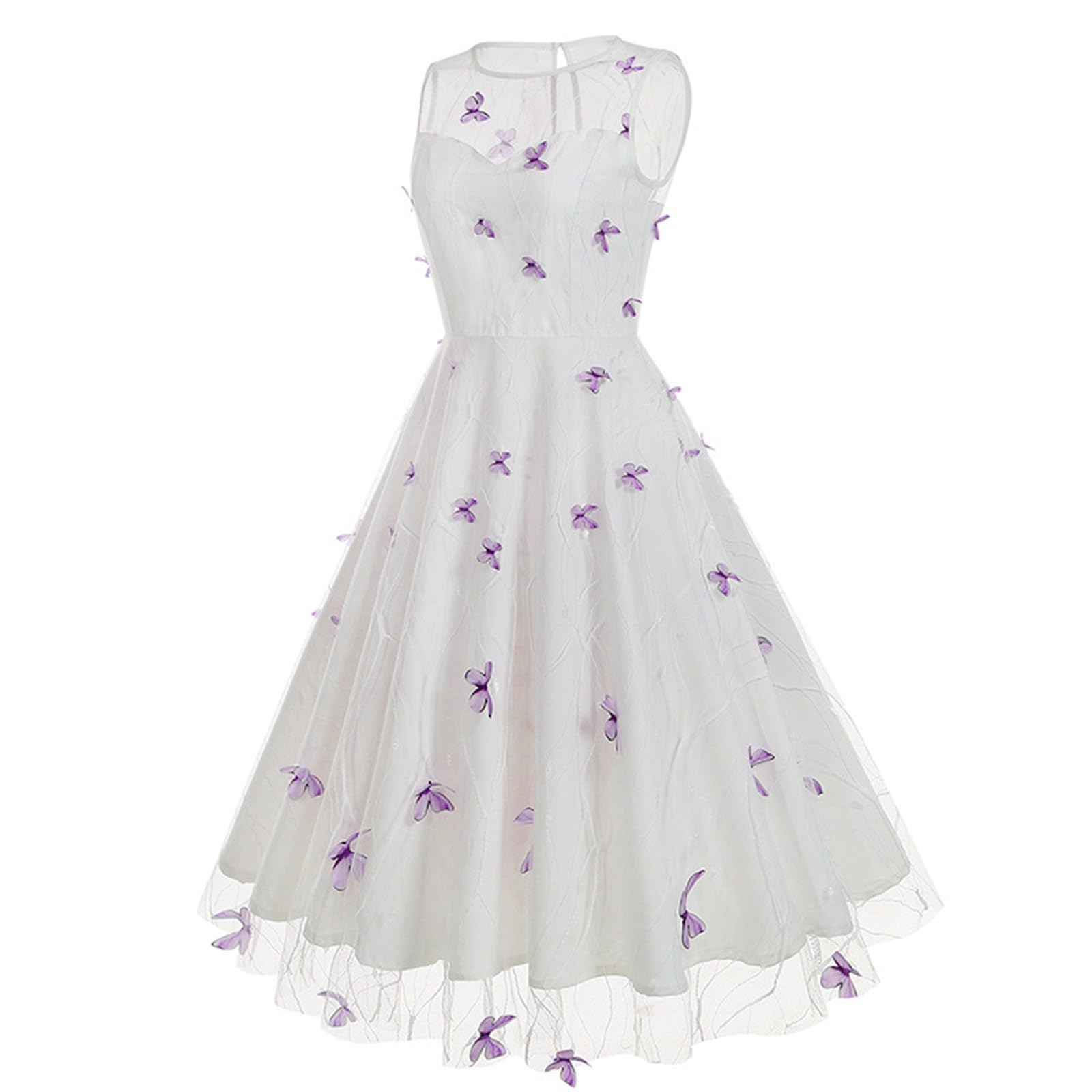 Vestito Scollato Donna - Abito Vintage con Scollo Tondo Senza Maniche in Pizzo Europeo E Americano Ricamato con Farfalla del Giorno