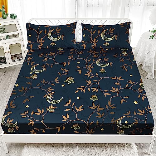 AILONEN Moon Fitted Sheet Queen Size - Gold Crescent Moon Bed Sheet 3 Pieces Set - Branch Leaves Bedding Set for Boys Girls Adults - Breathable & Soft Fitted Sheet and 2 Pillowcases
