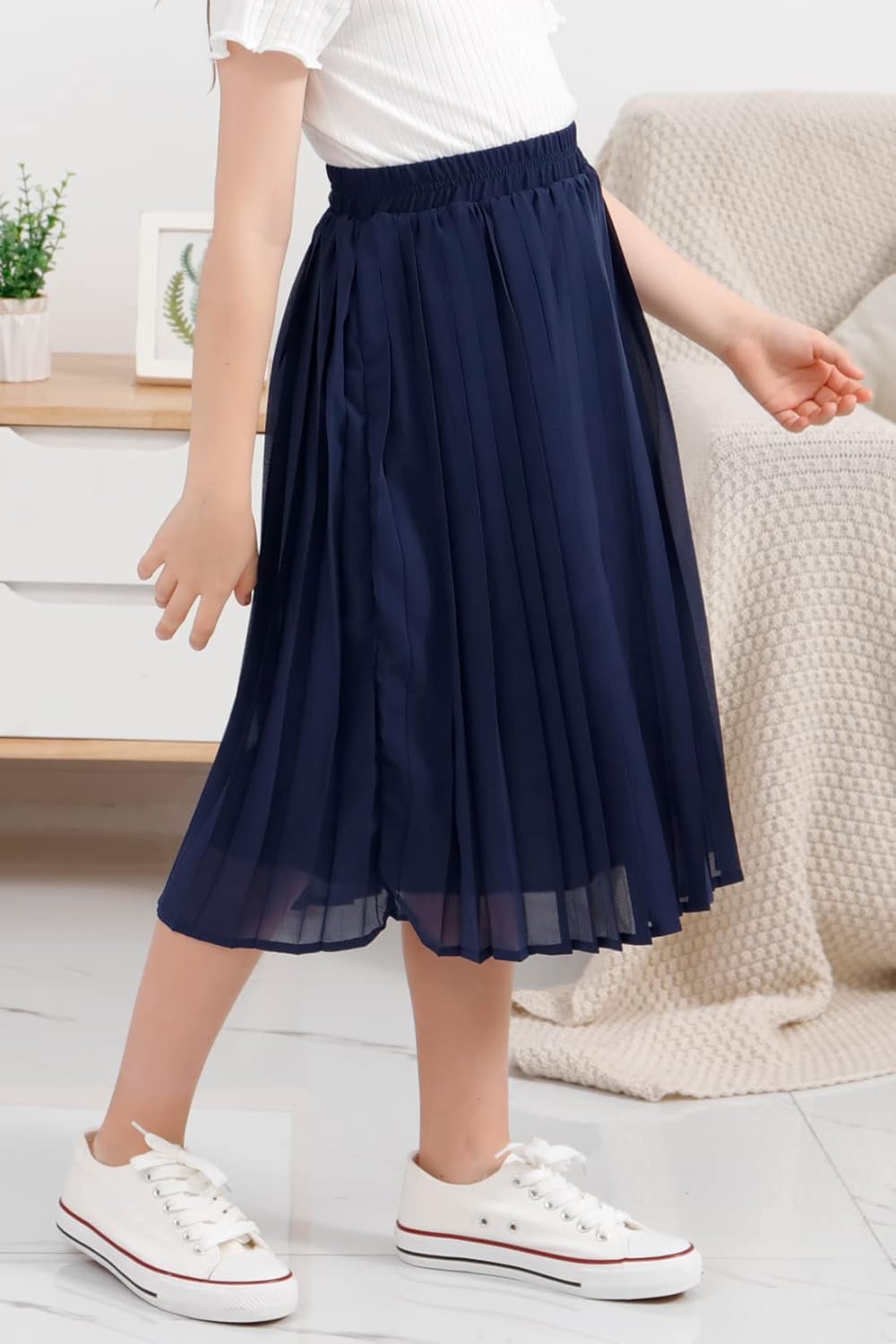 GORLYA Girls Chiffon Pleated Elastic High Waist A-Line Boho Swing Maxi Long Skirt 4-14T - Image 3