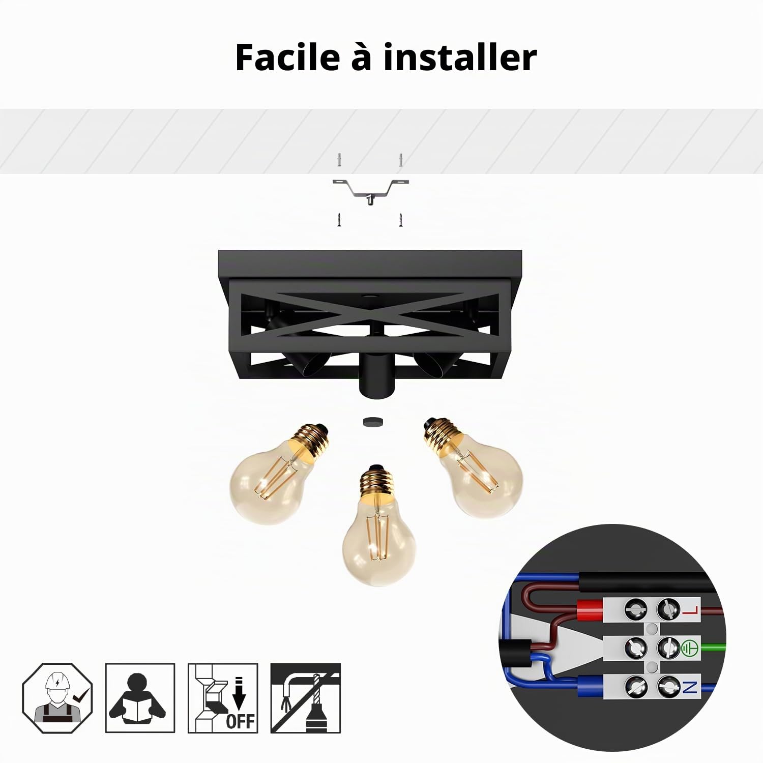 LVWIT Luminaires Intérieur Plafonnier Noir, Plafonnier LED Cuisine, 30CM Éclairage de Plafond 3 Luminaires Carré, E27 Lampes de plafond Pour Chambre, Couloir, Restaurant (Ampoule non incluse)