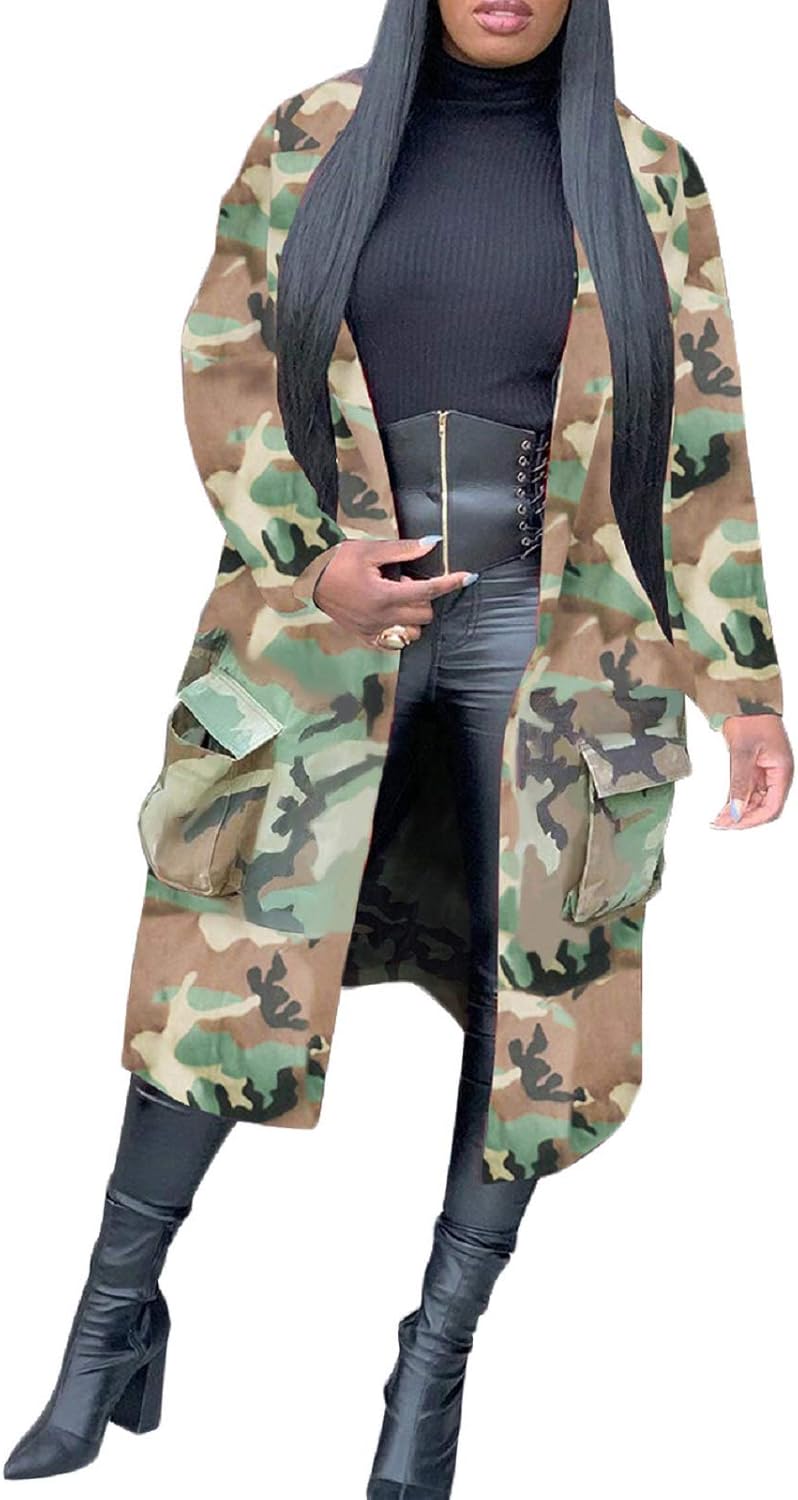 Voghtic Women Casual Camo Jacket Army Military BF Overcoat Long Sleeve Open Front Blazer with Pockets