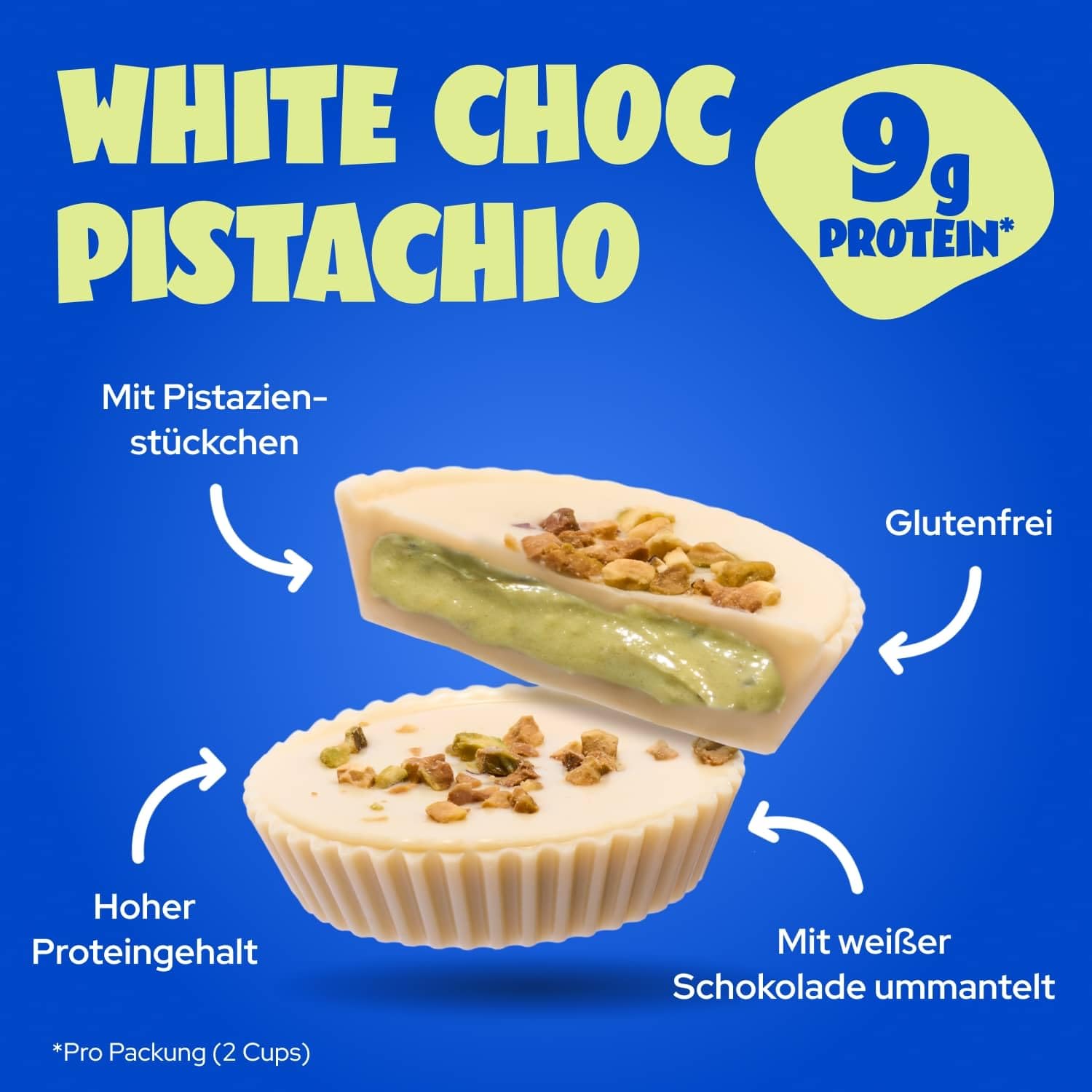 ahead High Protein White Chocolate Pistachio Cups 12 x 34g 9,4g Protein pro Pack Glutenfrei Ohne Zuckerzusatz