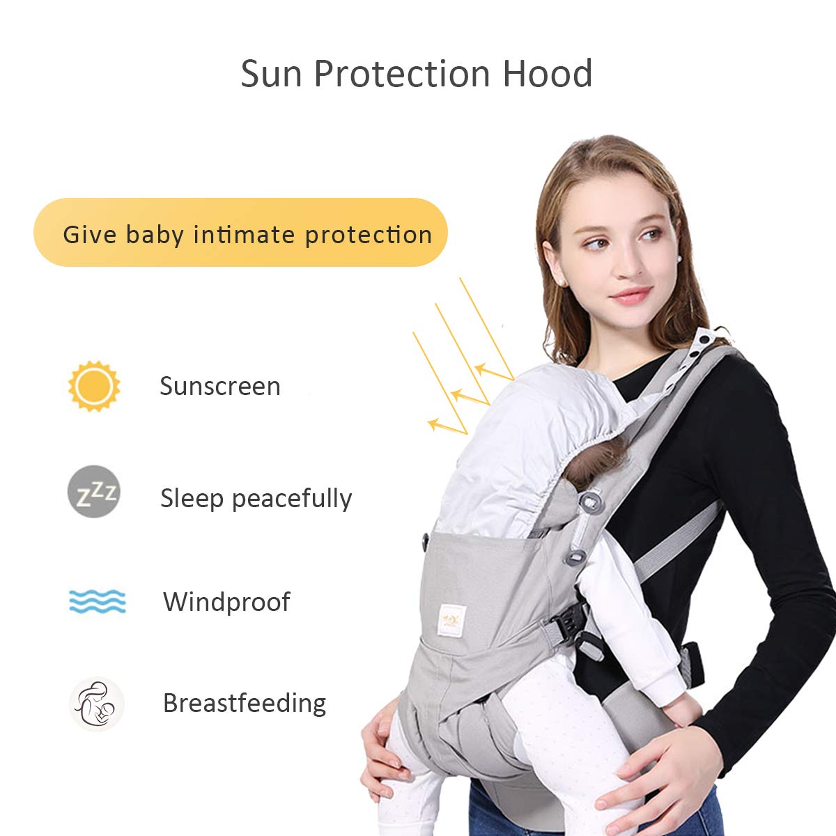 SONARIN Premium Babytrage mit Aufbewahrungstasche,Ergonomisch,Sonnenschutz haube,für Neugeborene& Kleinkinder (0-48 Monate),Maximale Belastung 20kg,Baby Tragetasche und Kindertrage(Grau)