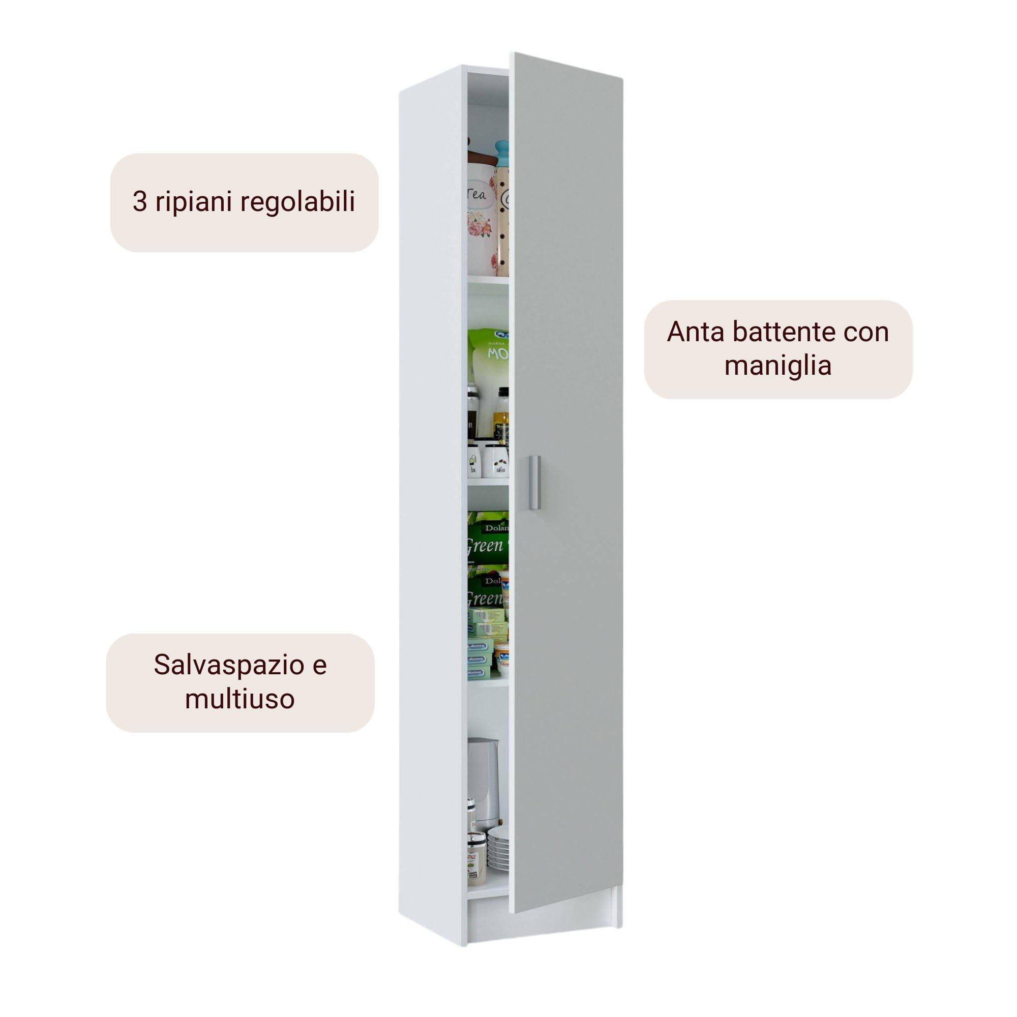 Dmora - Armadio multiuso 1 anta Clearwater, Mobile ausiliario, Guardaroba porta scarpe con ripiani, Scarpiera verticale, 37x37h180 cm, Bianco