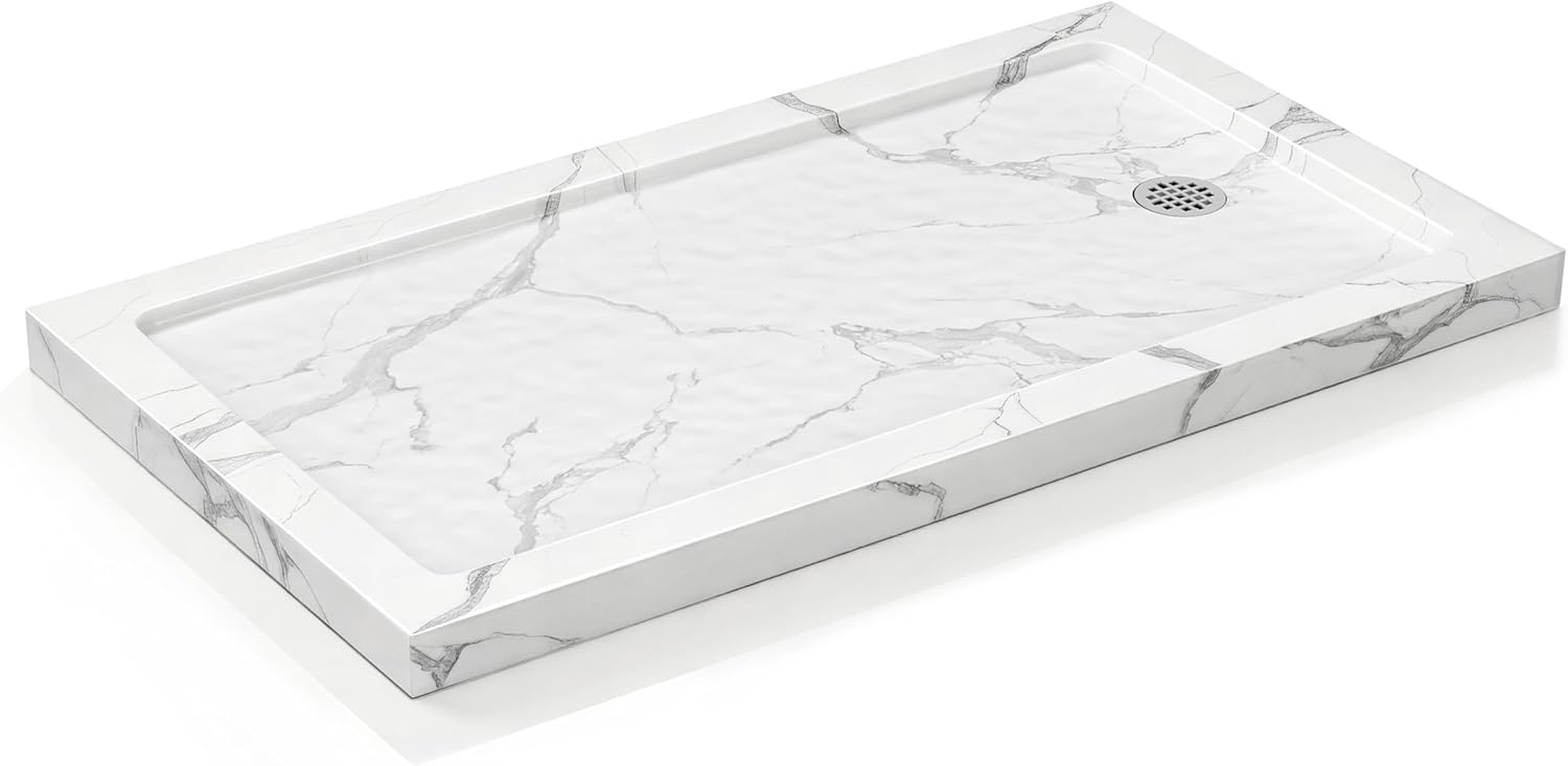 KPUY Shower Base, 54'' L X 32'' W Shower Pan with Reversible Installation Drain, Slip Resistant Design & Non‑Integrated Flange, Carrara White
