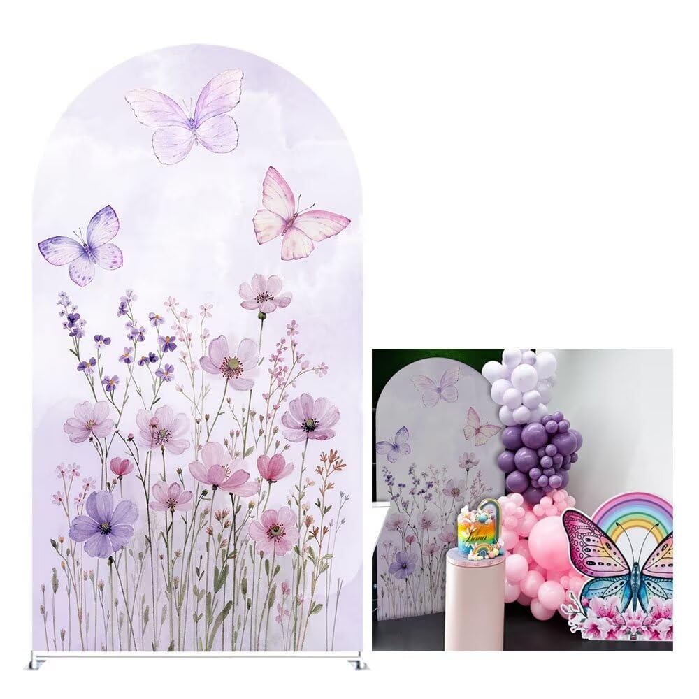 KONPON Butterfly Arched Backdrop Cover Spring Pink Purple Flowers Stretchy Arched Stand Cover for Girls Birthday Party Decorations (No Stand!)
