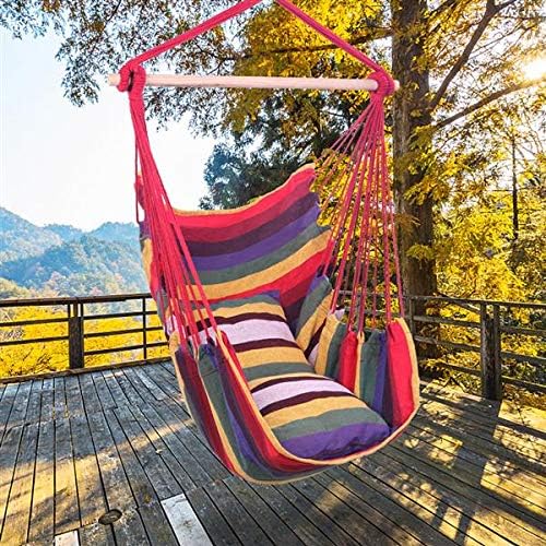 Hammock Swing, Hanging Rope Hammock Chair with 2 Cushions for Patio Porch Yard Tree C Hammock Stand, Cotton Hanging Air Swing (Red)