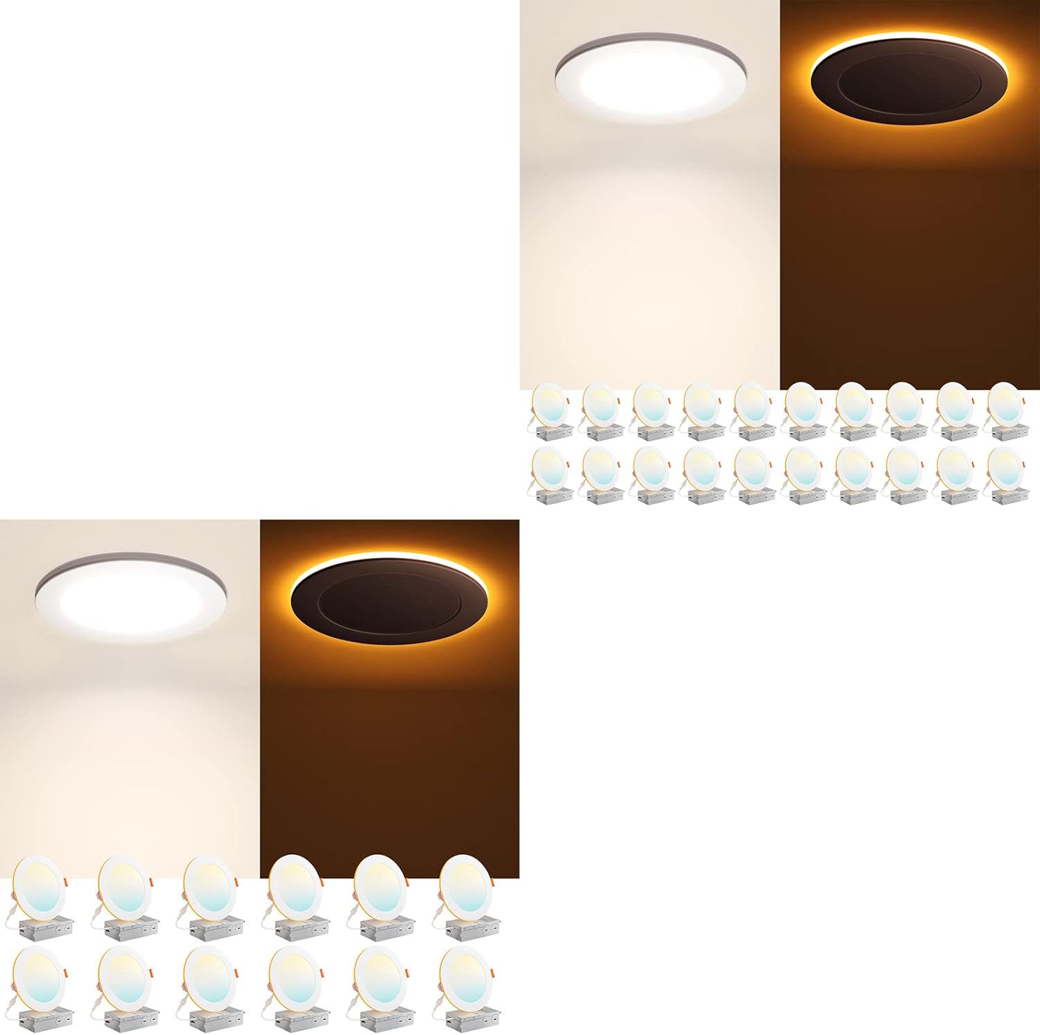 Amico 32 Pack 6 Inch 5CCT LED Recessed Ceiling Light with Night Light, 2700K/3000K/3500K/4000K/5000K Selectable Ultra-Thin Lighting, 12W=110W, 1100LM, Dimmable Canless Wafer Downlight ETL&FCC