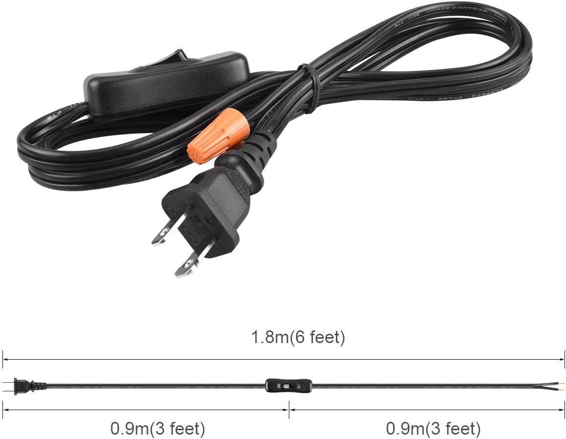 Lamp Cord with Button Switch, Black Wire Plug in, Stripped Ends Ready for Wiring Gladfresit, 6 Feet, UL Listed (2 Packs)