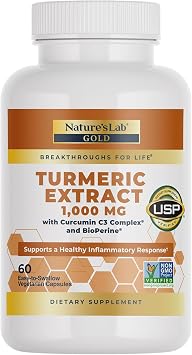Natures Lab Turmeric Extract with Curcumin C3 & BioPerine 1000mg - Promotes Cardiovascular, Digestion and Immune Health - 60 Capsules 30 Day Supply
