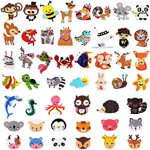 5D Diamond Painting Stickers Kits,ZIKO 49Pcs Diamond Painting Stickers Kits for Kids Easy to DIY Creative Diamond Cute Animals by Numbers Sticker Craft Kits for Kids and Adult Beginners
