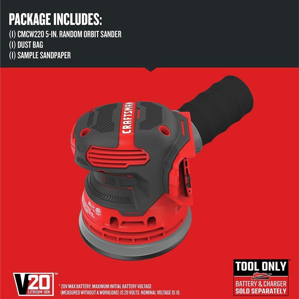CRAFTSMAN CMCW220BR V20 Lithium-Ion Cordless Random Orbit Sander (Tool Only) (Renewed)