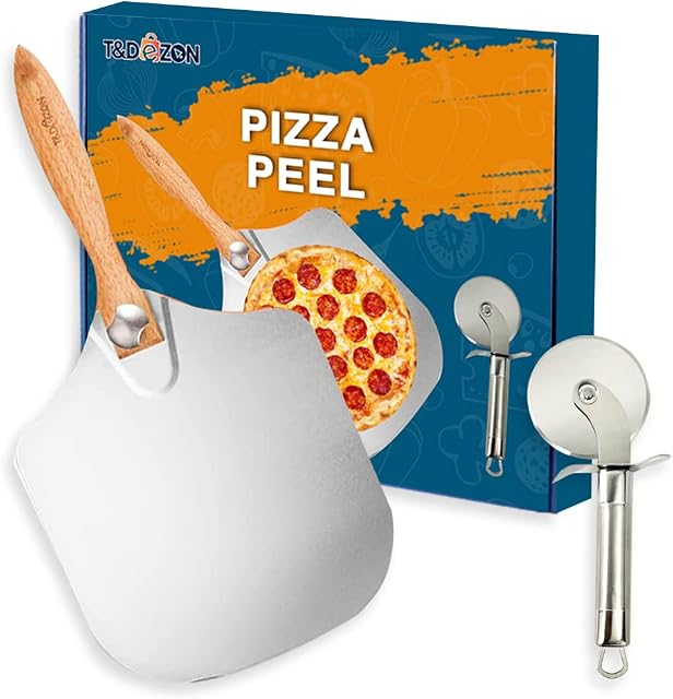 12 inch Pizza Peel Paddle with Pizza Shovel for Oven, Aluminum Thin Blade with Foldable Wooden Handle 10" Stainless Non Stick Spatula, Perfect for Baking Pizza, Pies and Pastries by T&Dezon