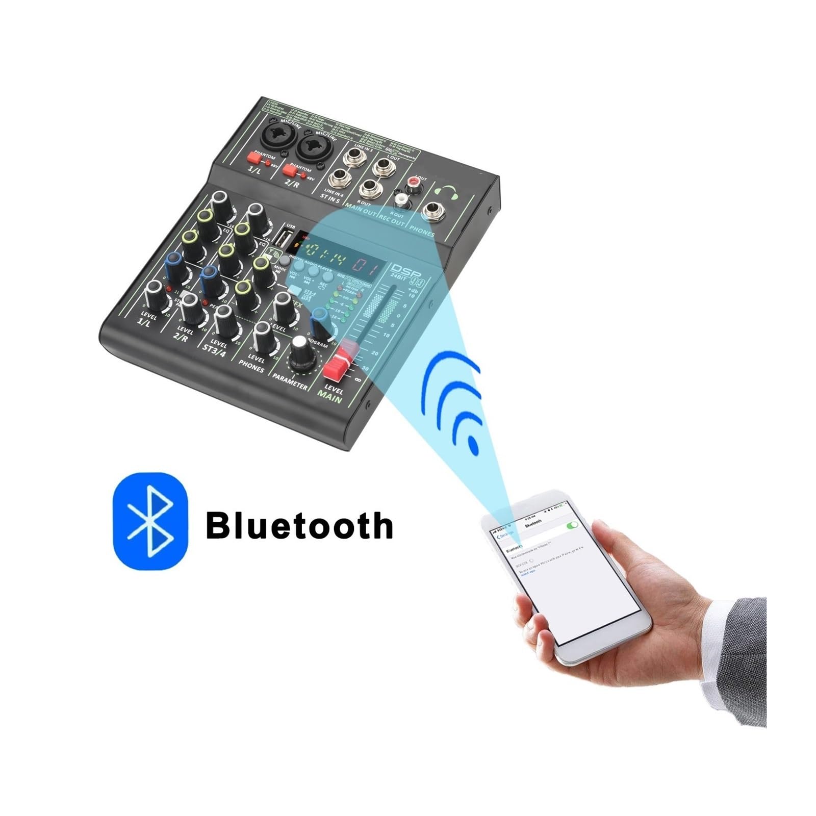 Mikser audio, Mini przenośny mikser audio z 99 efektami DSP, 4 kanałami, USB, odtwarzanie i nagrywanie, indywidualne miksowanie dźwięku zasilaniem Phantom +48 V do karaoke w studiu