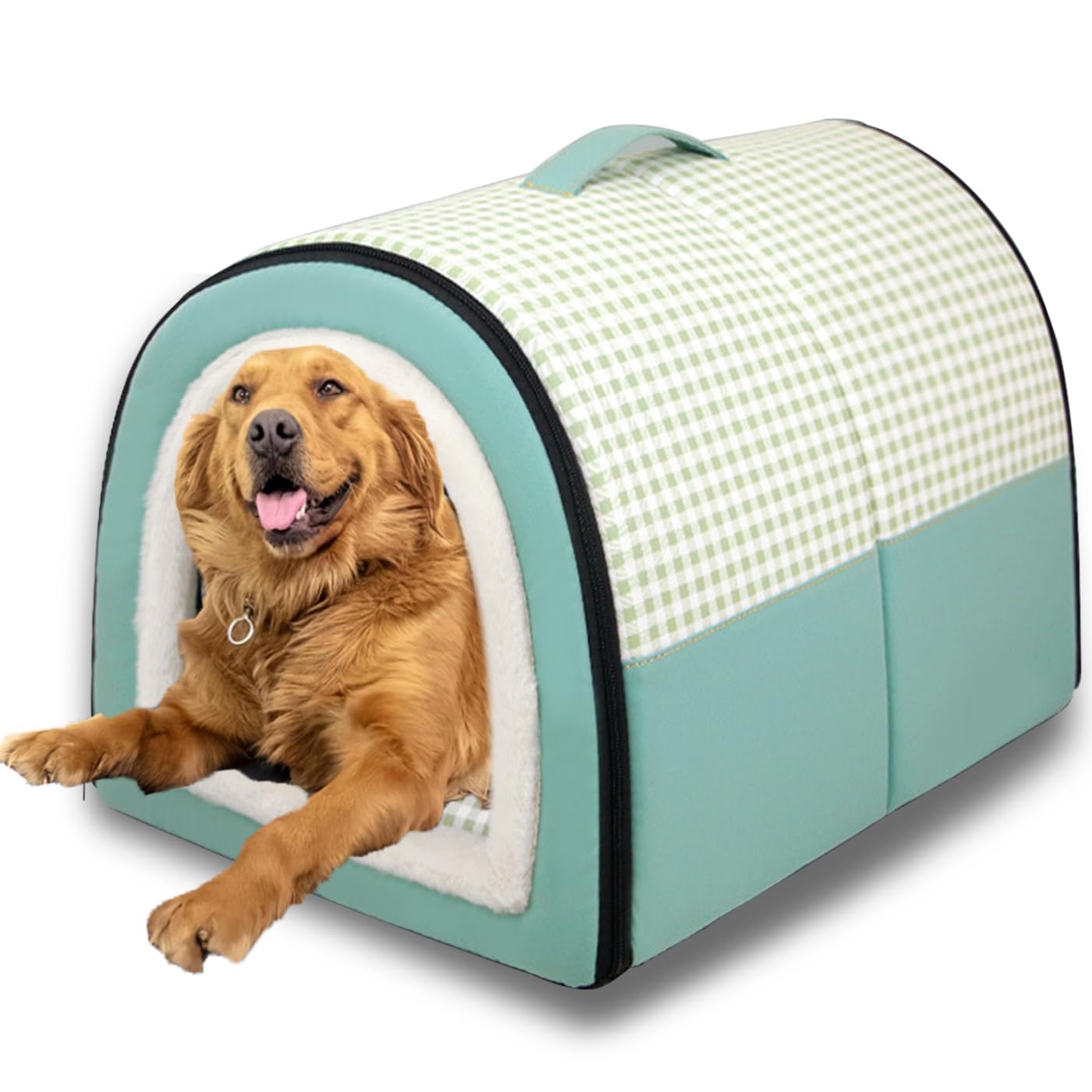 Dog Bed 2 in 1 Dogs House Large Pet Cave,Calming Kennel Anti Anxiety Soft Warm Cushion,Removable Washable Cat Igloo Bed Non-Slip (Green,L-60 * 43 * 40CM)