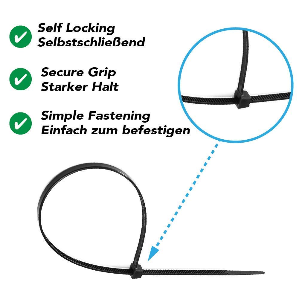Zestaw 500 opasek kablowych – czarne – odporne na promieniowanie UV – 80 mm / 100 mm / 120 mm / 200 mm / 300 mm (po 100 sztuk)