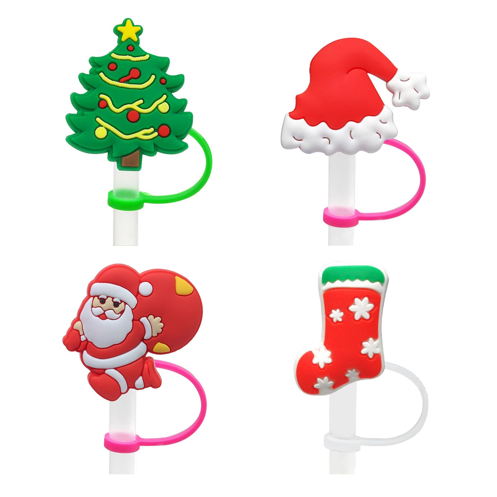 Kalttoy 4Pcs 4Piece Protective Silicone Cover For Straws Toppers Dustproof Christmas Straw Cover Drinking Straw Caps Christmas Caps Party Supply