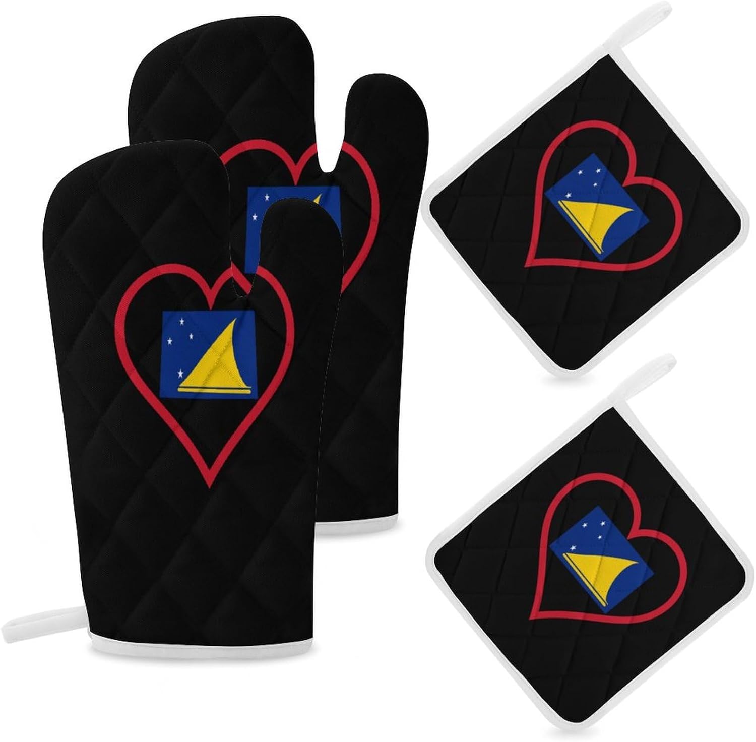 I Love Tokelau Red Heart Oven Mitts and Pot Holders 4Pcs Set Heat Resistant Cooking Mitts Hot Pads