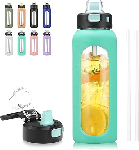 Miniatura 8 de BLUEGO Botella de agua de vidrio de 32 onzas con pajilla, botellas de agua motivacionales con marcador de tiempo y funda de silicona, botella de