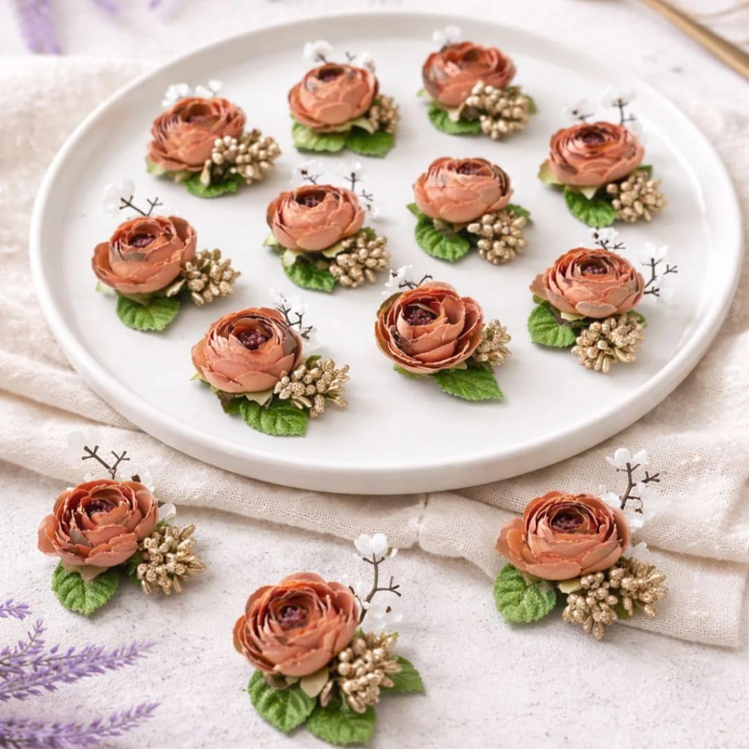 SATYAM KRAFT 6 Pcs Handmade Artificial Small Peonies Flower Bunch for Hamper, Flower Brooch Hamper, Trousseau Packing, Decoration, Gifting, DIY Craft & Wedding (Brown Bunch)-image-16