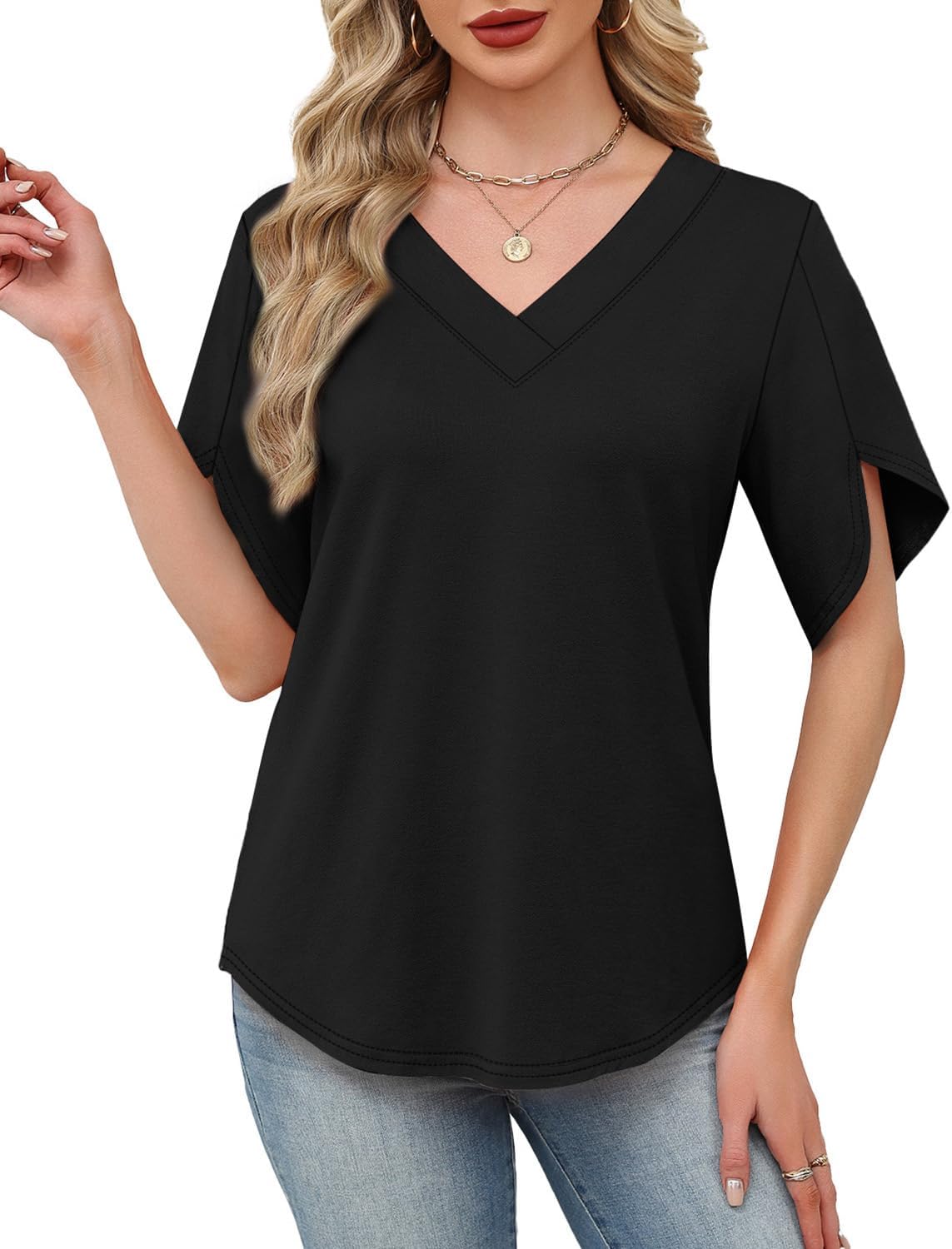 WIHOLL Womens Summer Tops Short Petal Sleeve Shirts Fashion V Neck Outfits Clothes - Image 3