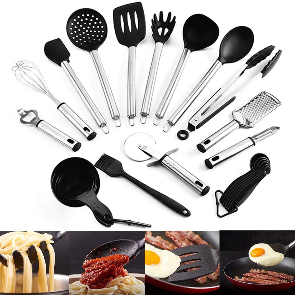 Küchenhelfer aus Silikon, schwarz, antihaftbeschichtet, Küchenspatel, Pfannenwender, Zubehör, hitzebeständige Sets von Edelstahlgriff, Cookware