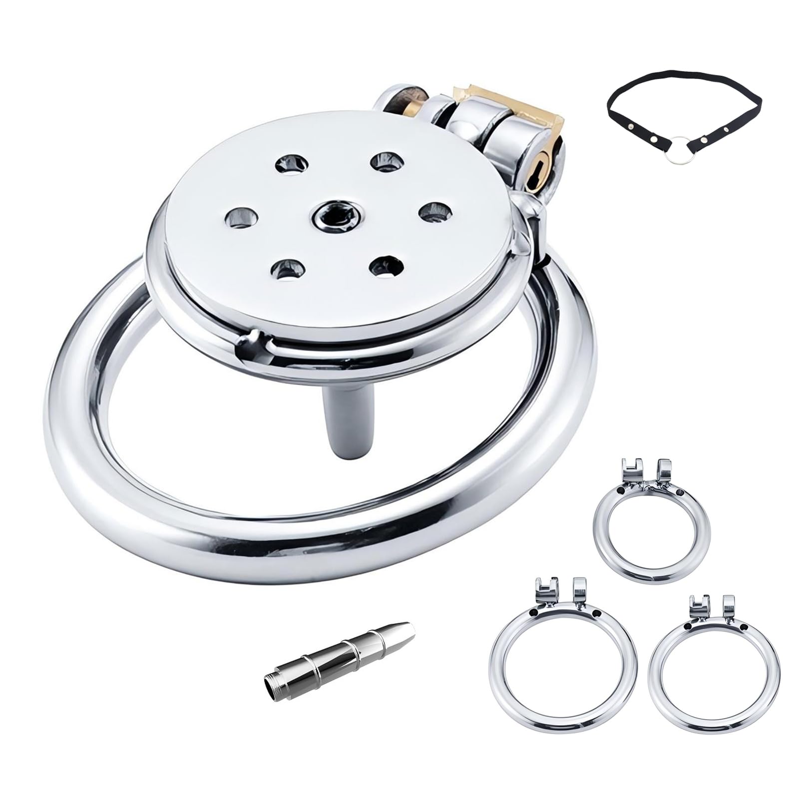 Cage de Chasteté Plate pour Pénis Sex Toys Chastity Cage Man en Acier Inoxydable avec Cathéter et Trois Anneaux Différents Cage Chastetée avec Ceinture et Serrure pour Bondage le Pénis (L)