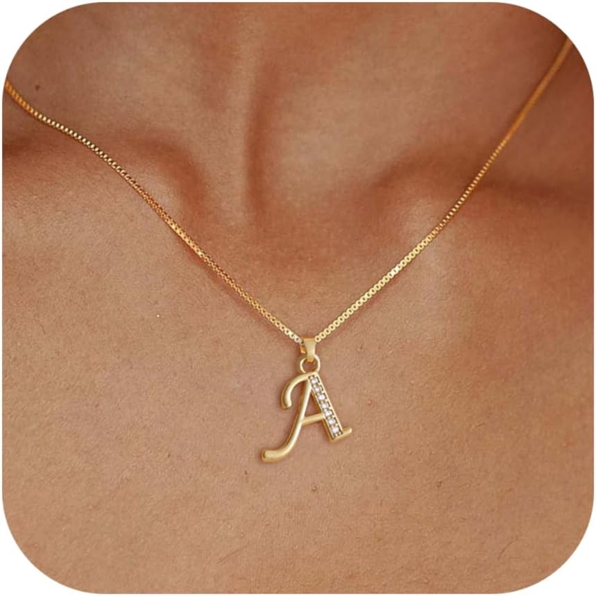 Easter Basket Stuffers Initial Necklace for Women, 14K Gold Silver Plated Box Chain Letter Pendant, Trendy Name Necklace, Dainty Personalized Jewelry Gift for Her