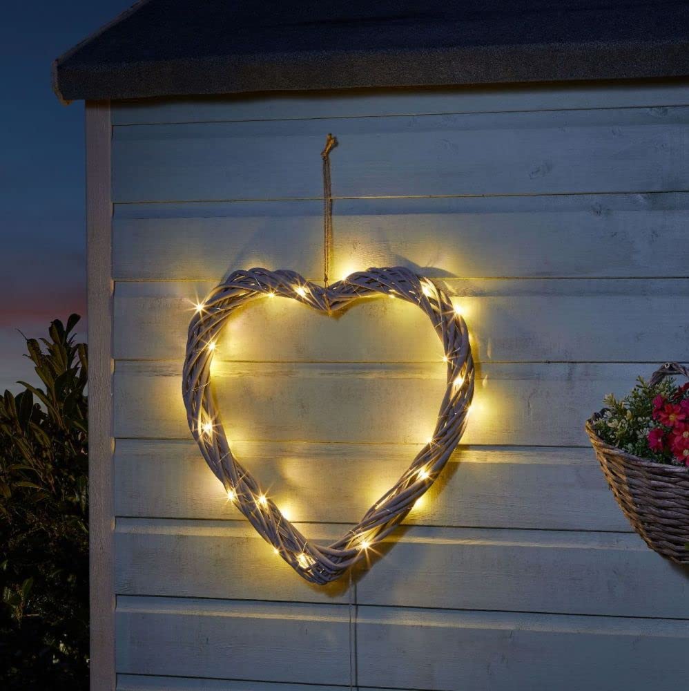 LED Solar Wicker Heart Wreath Decoration Wreath with 2 Modes of Lighting for Front Doors Hanging Decoration Rattan Heart Display Ornament Foliage Waterproof Outdoor Lighting