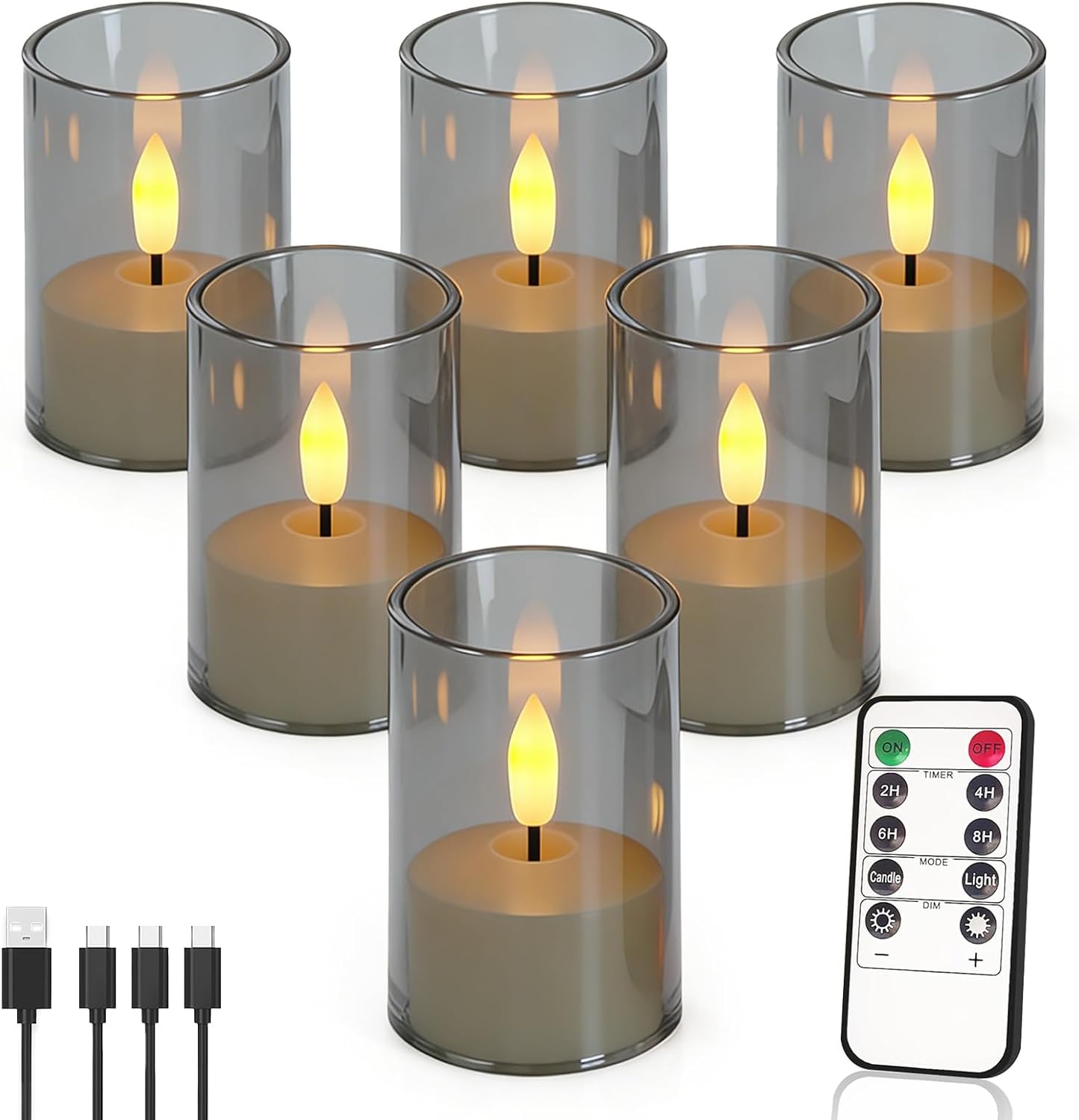 Rechargeable Acrylic Flameless LED Candles, Small Tea Light with Remote Control and Timer,Gray Flickering Warm Light for Home,Valentines,Wedding Decor(Pack of 6)