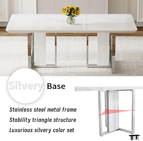 Miniatura 5 de Juego de mesa de comedor MEMUY para 8, 79" Juego de mesa de comedor de mármol falso para 8 con superficie brillante blanca, juego moderno de mesa de