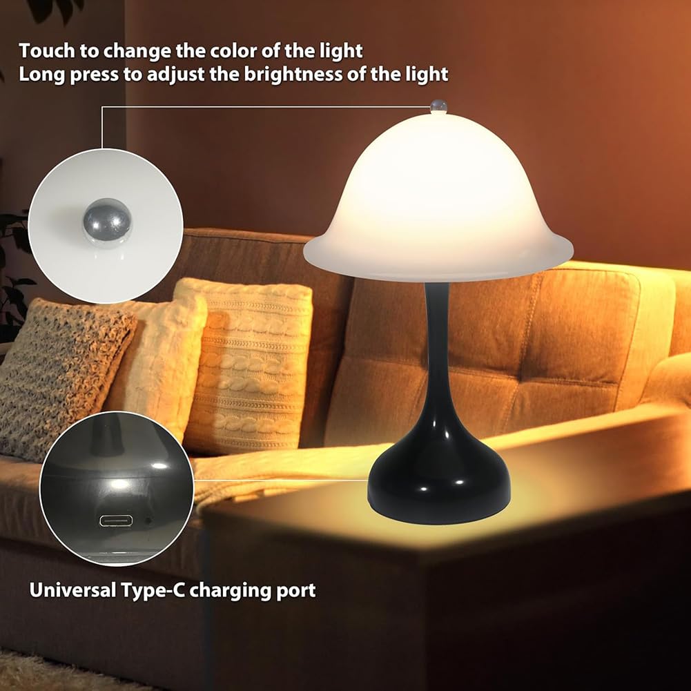 Lampa LED w kształcie grzyba, bezprzewodowa, dotykowa, ściemniana, ładowalna lampa stołowa z 3 temperaturami barwowymi, ładowana przez USB, lampka nocna na baterie do czytania