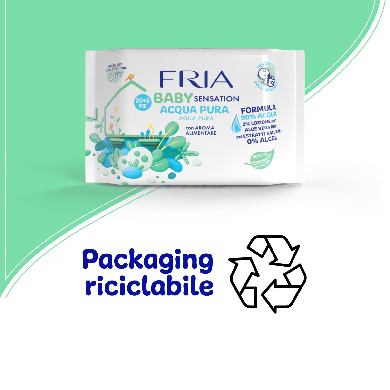 Fria Baby Salviette per Cambio Pannolino 98% Acqua Purificata 20+5 Confezione Pocket