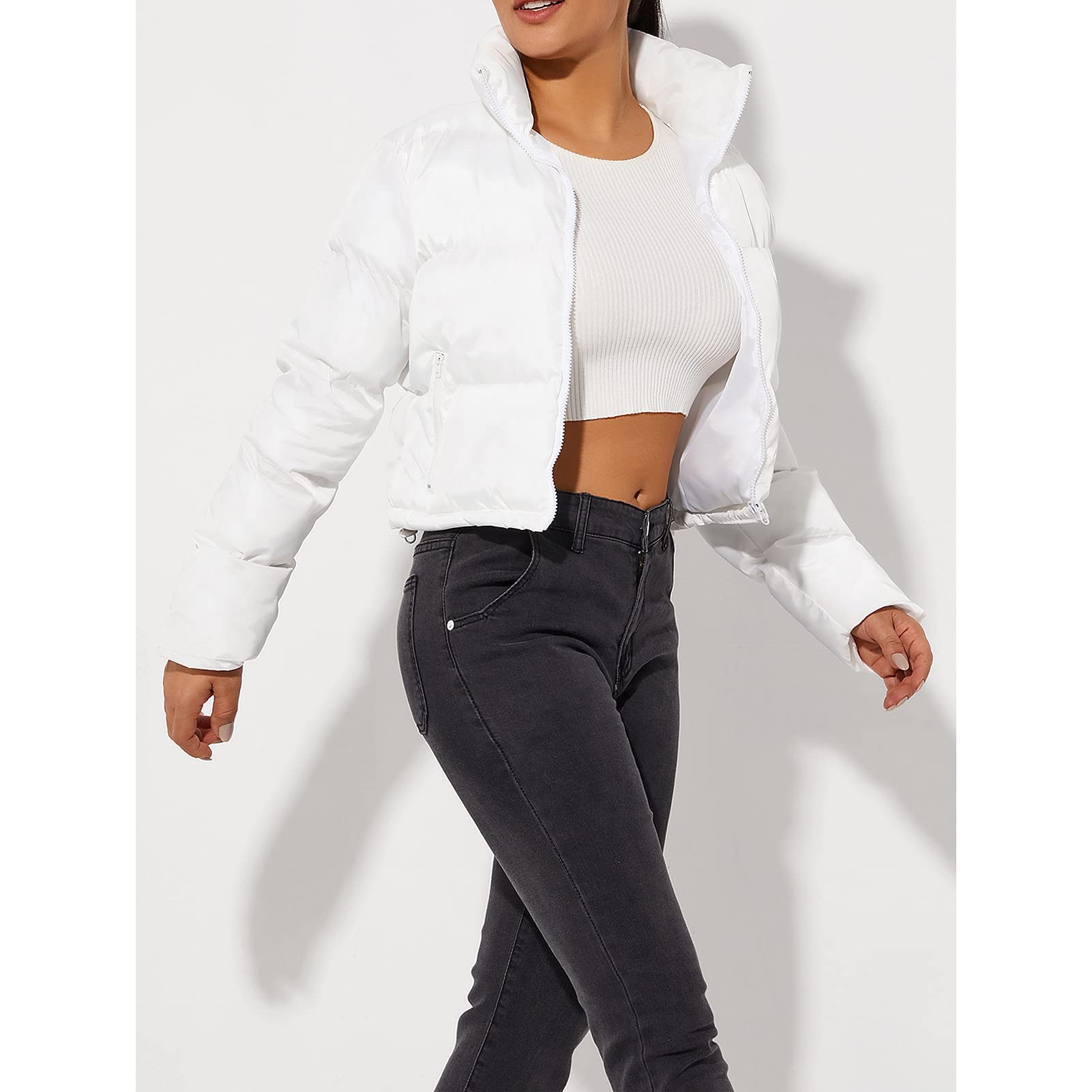 Veste Courte pour Femme Manteaux d'Hiver Femme Courte-Pointe Veste Décontractés Crop Down