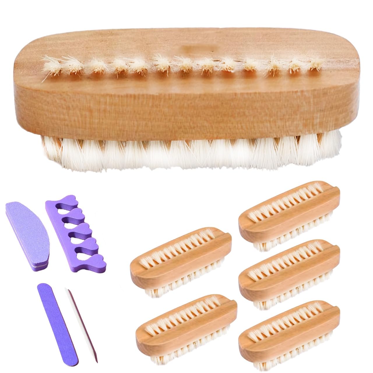 Nail Brush Set, 6Pcs Wooden Double-Sided Nail Cleaning Brushes with Nail Tools, Natural Hand & Foot Care for Men & Women