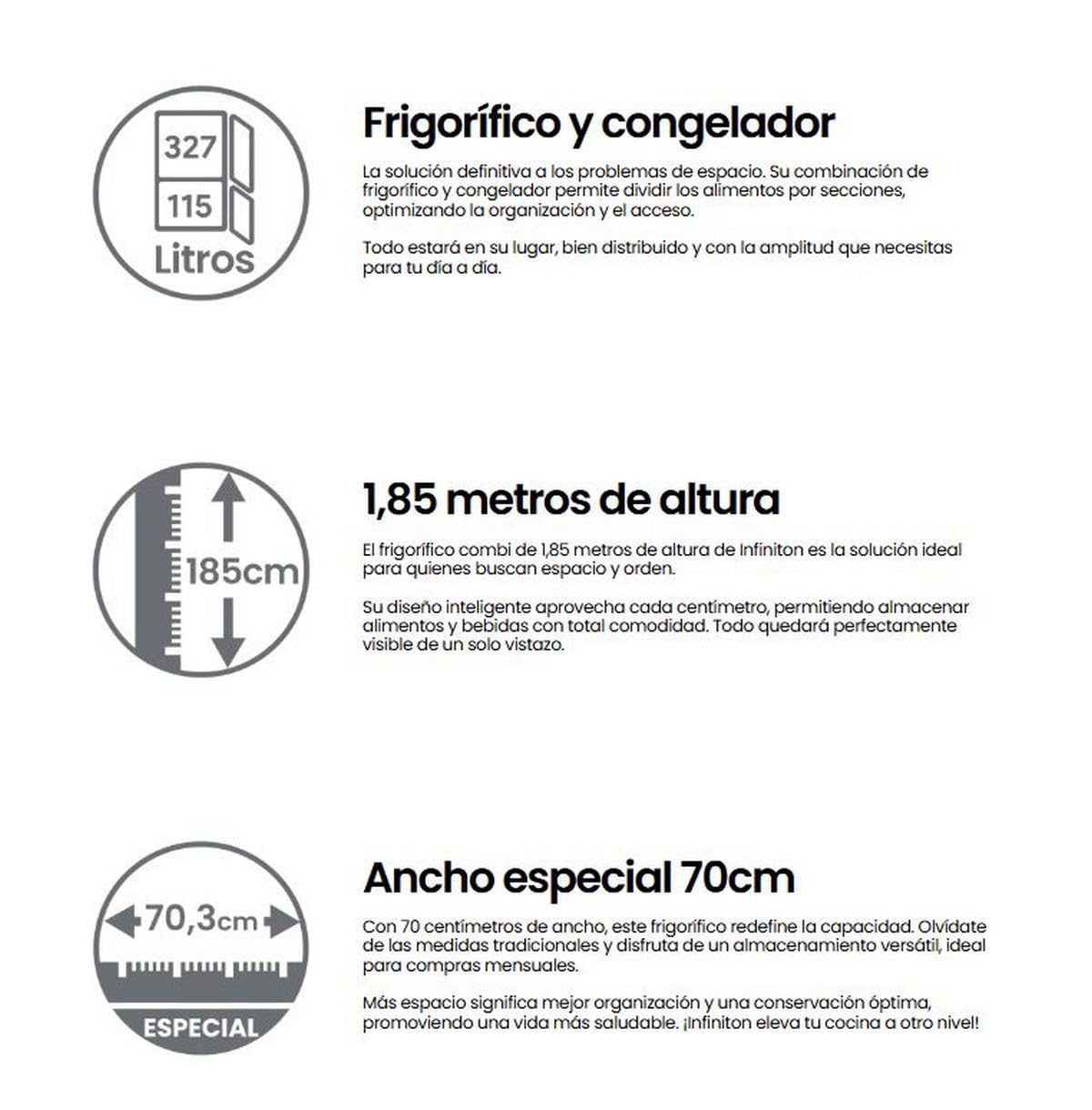 INFINITON Frigorifico Combi FGC-432WC85DEK, 442 Litros, Ancho Especial de 70 cm, Inverter, No Frost Total, Fast freezing, Alarma óptica y acústica de puerta abierta, E, Dark Inox