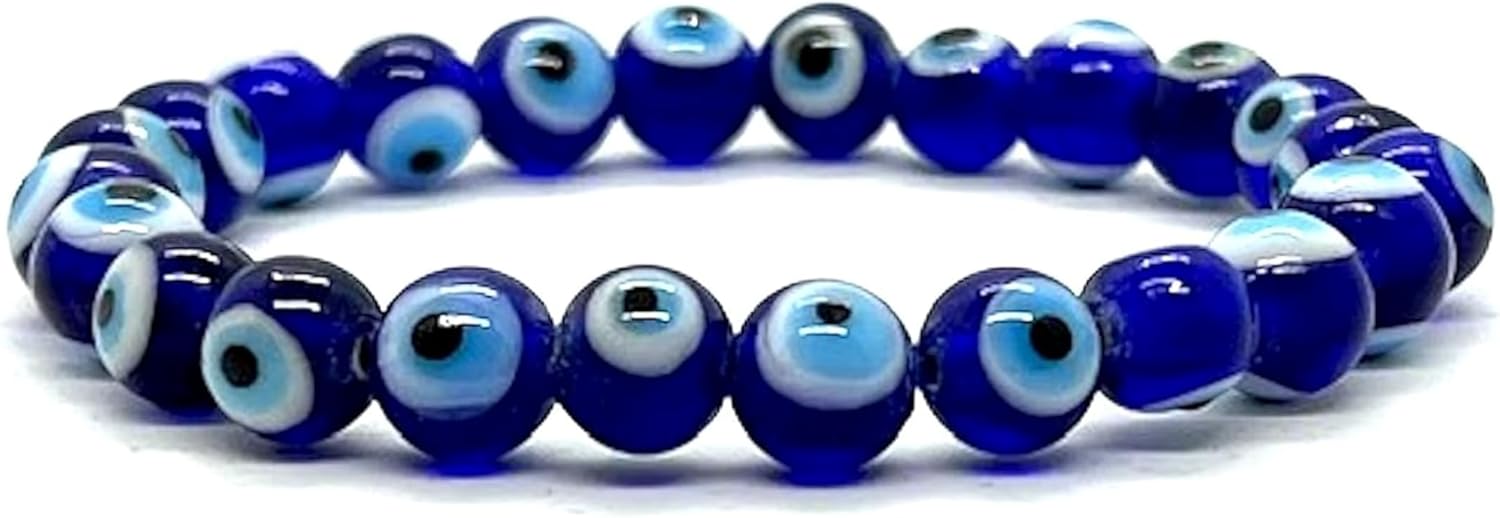 Blue Evil Eye Charm Bracelet – 8mm Beads, 7 Inches