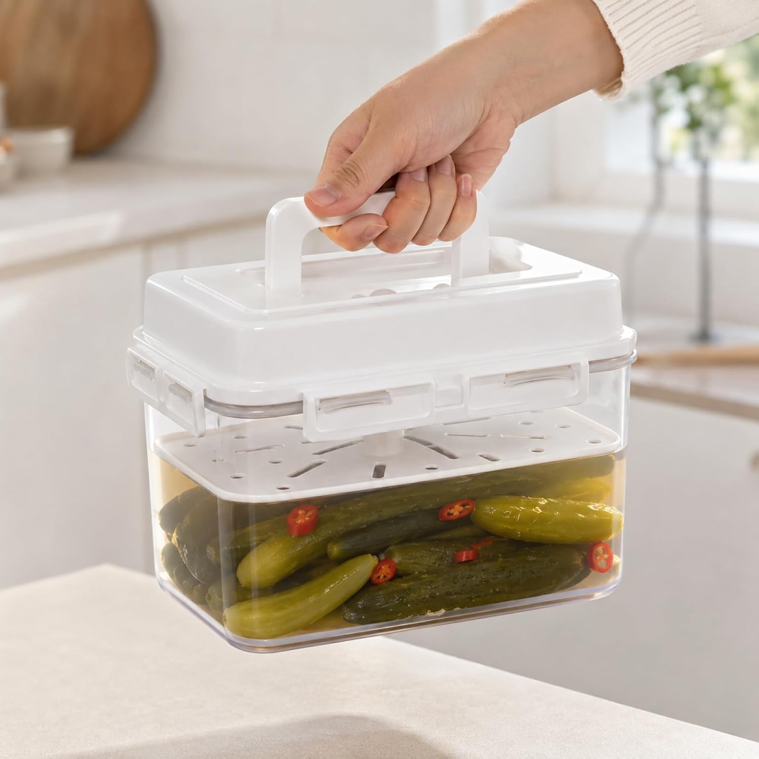 Kimchi Fermentation Container, Automatic Press Plate Sauerkraut Jar, Airtight Plastic Food Storage Container with Hidden Handle, Kimchi Making Kit, Clear Pickle Box for Home Kitchen, 5L/1.32gal