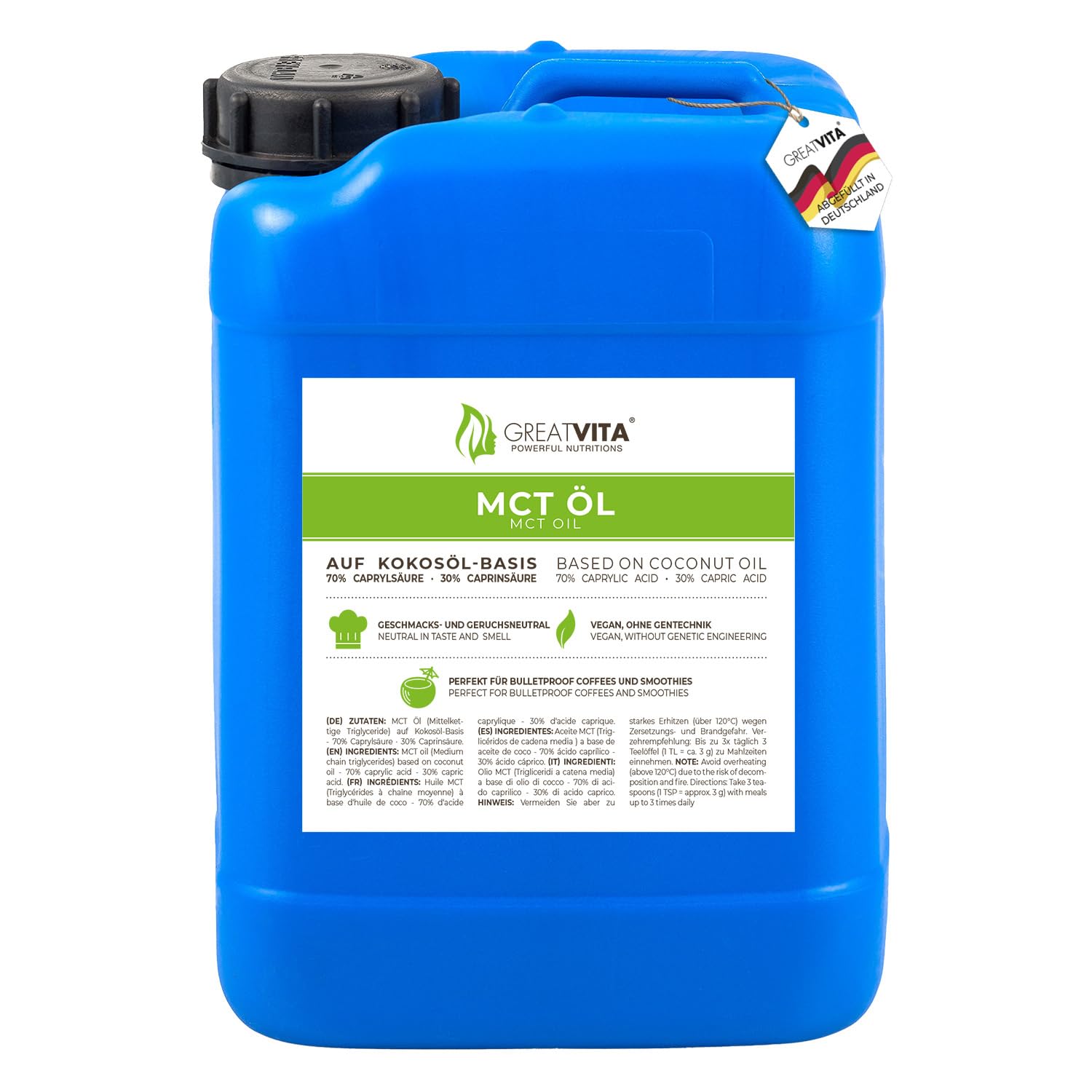 GreatVita MCT Öl auf Kokosölbasis 5000 ml Kanister | 70% Caprylsäure (C8) & 30% Caprinsäure (C10) Fettsäuren | 100% reines MCT Oil geschmacksneutral, zuckerfrei, GVO-frei