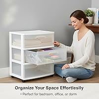 Vista 4 de 3 Drawer Wide Plastic Storage Cart with Clear Pull-Out Drawers & 4 Wheels - Medium Home Organization Container for Classroom Bathroom Dorm Bedroom