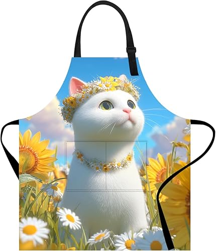Miniatura 11 de Delantal divertido con bolsillo para mujeres y hombres, delantal de cocina ajustable para barbacoa y horneado con lindos animales y flores #10