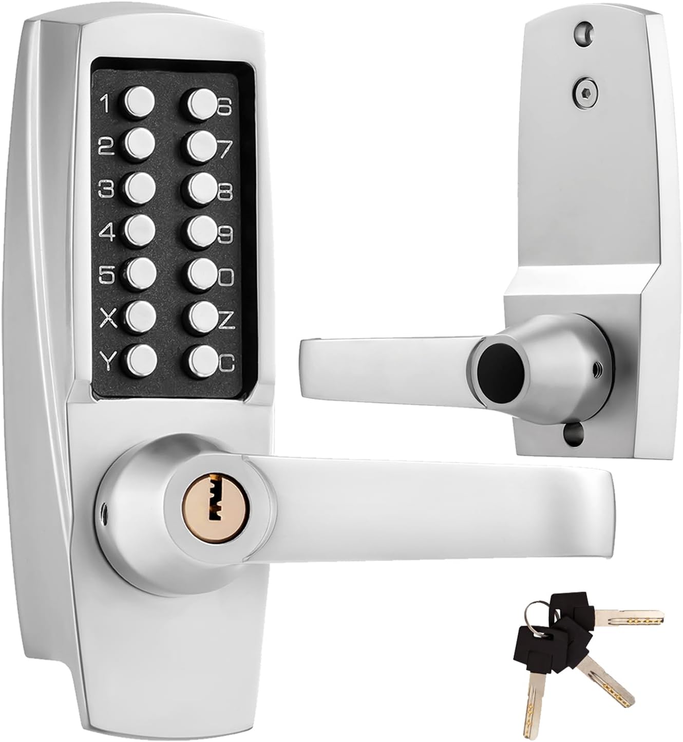 MX600 Mechanical Push Button Lever Lock, 60mm 2 3/8" Backset Latch, 13 Digit Keypad, Keyless Entry Commercial & Residential, Fits Standard 2 1/8" Pre-Drilled Holes, Satin Chrome