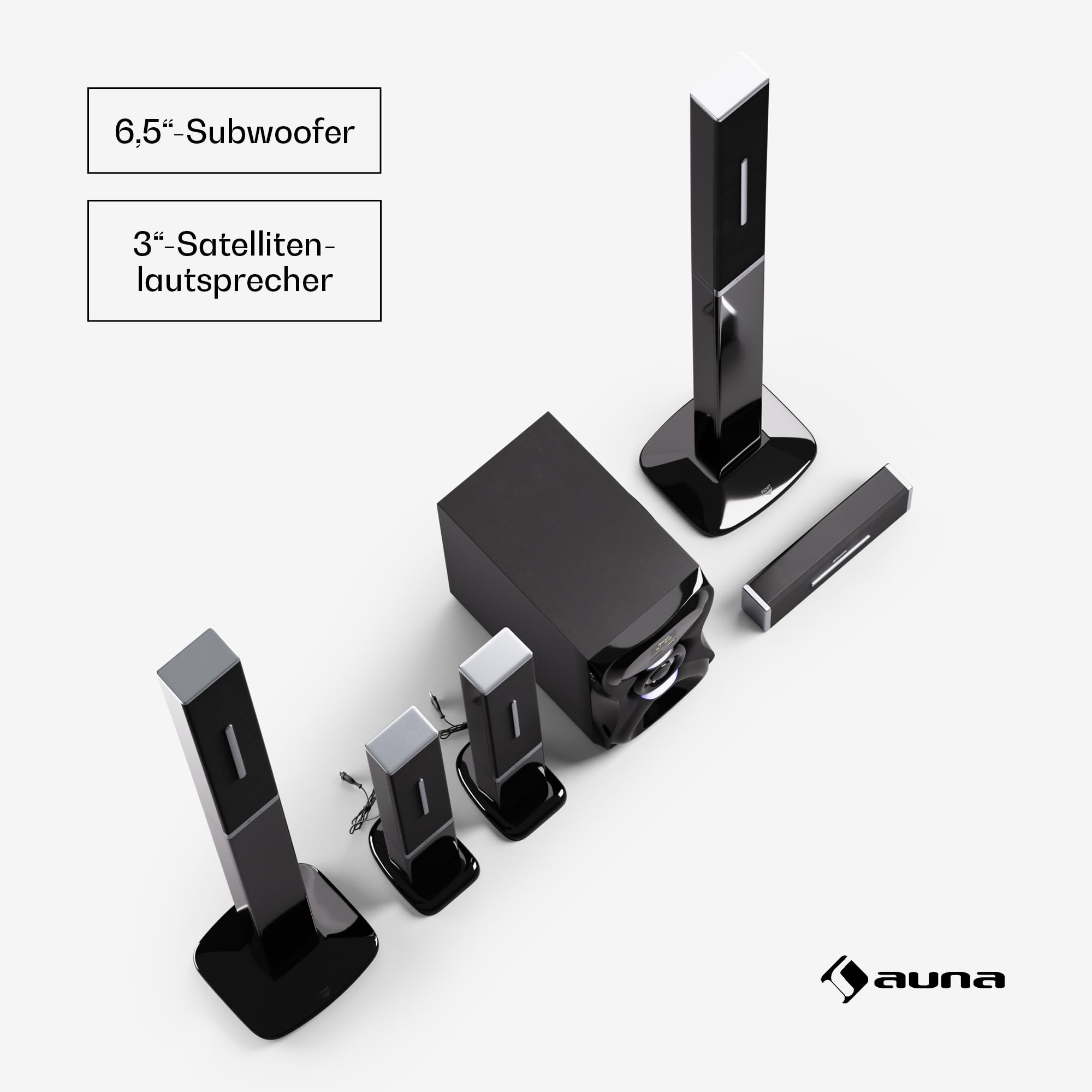 auna Areal 825 5.1 Soundsystem Kabellos mit Bluetooth, 100-W-Subwoofer und RGB-Beleuchtung - USB-/SD-Anschlüsse, AUX und Optischer Eingang, Heimkino-Lautsprecher mit Fernbedienung