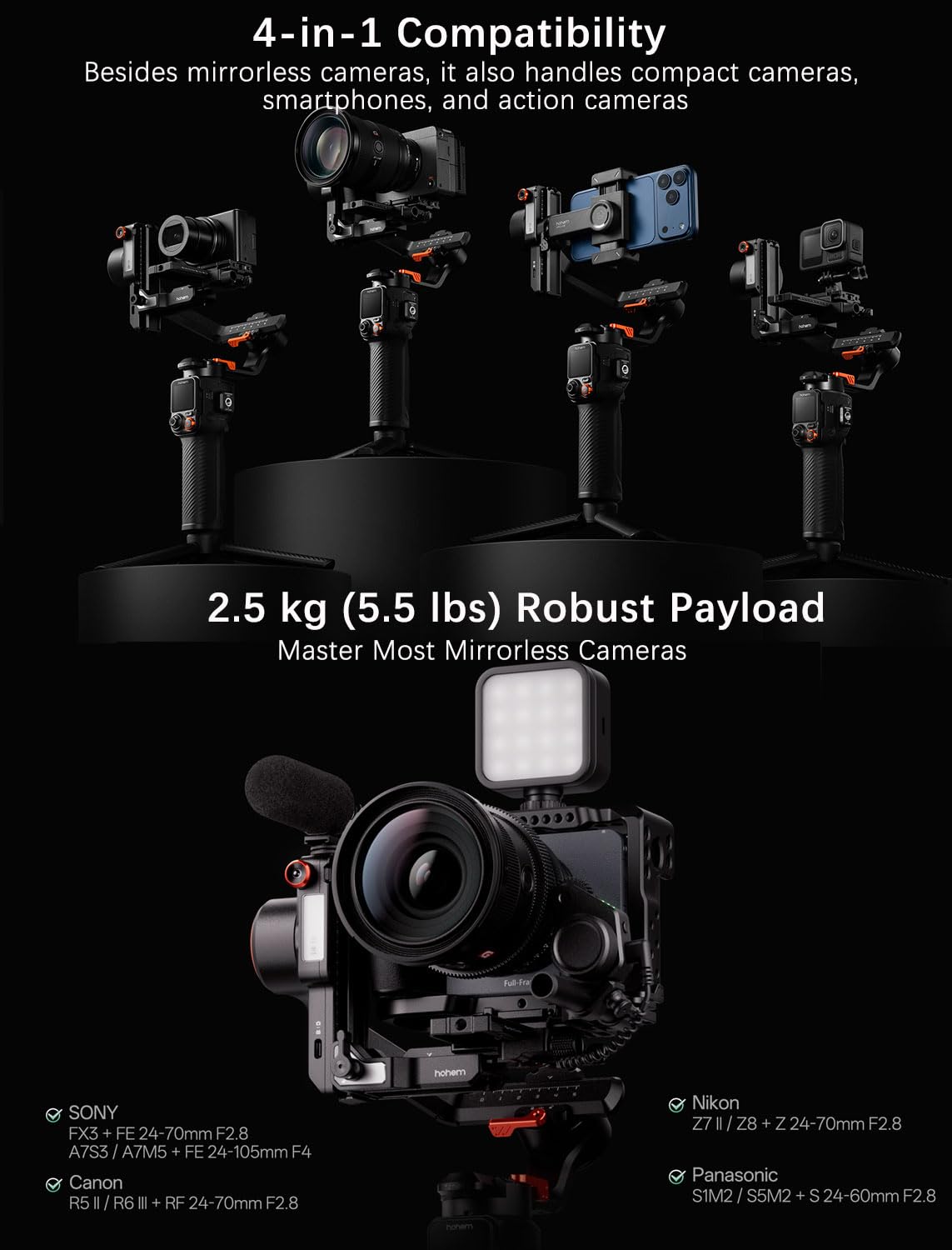hohem iSteady MT3 PRO, 3-osiowy stabilizator gimbala do aparatów Canon/Sony/Panasonic/Nikon/Fujifilm/GoPro/Smartphone, obciążenie 2,5 kg, gimbal kamery ze śledzeniem AI, odłączany pilot