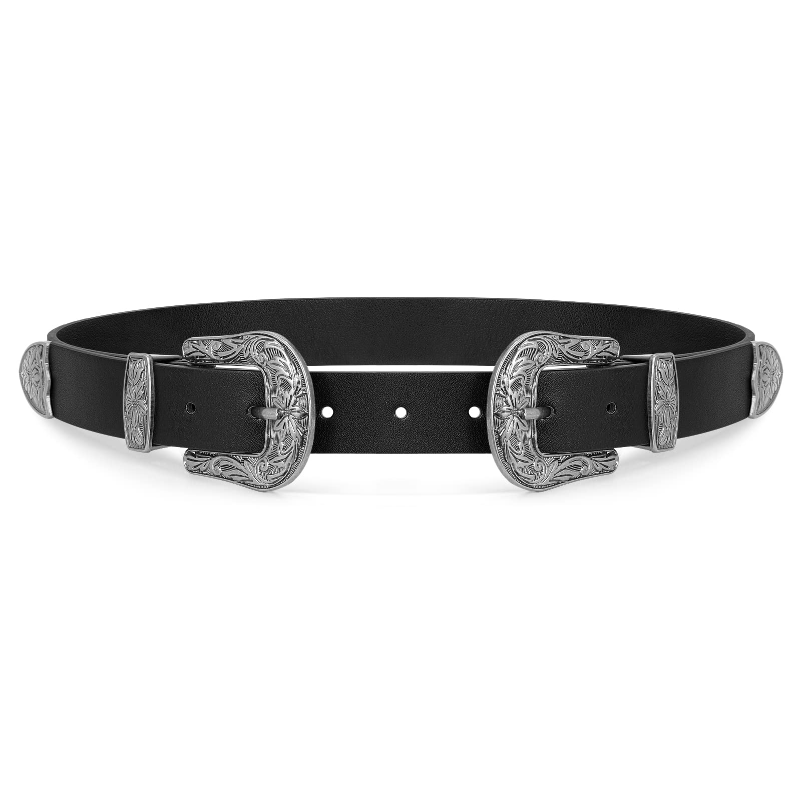 WHIPPY Vintage Western Leather Belt for Women Double Buckle Retro Cowgirl Waist Belts for Jeans Pants Dresses Black Silver, M
