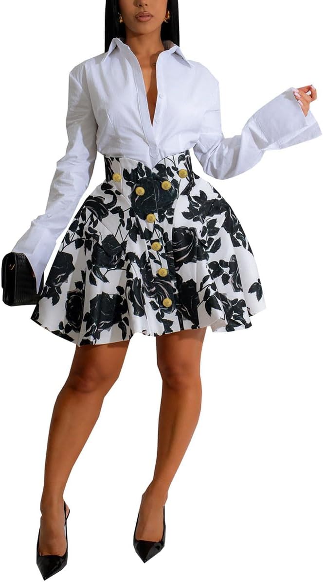 WOKANSE Festival Outfits for Women Lapel Button Down Long Sleeve Shirt Printed V Waist Puff Mini Skirt Suit