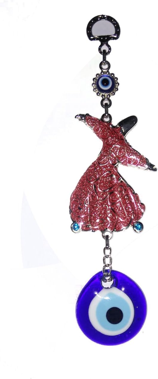 Erbulus Turkish Glass Blue Evil Eye Wall Hanging Sufi Whirling Ornament - Metal Home Decor Amulet - Protection and Good Luck Charm Gift (Red)